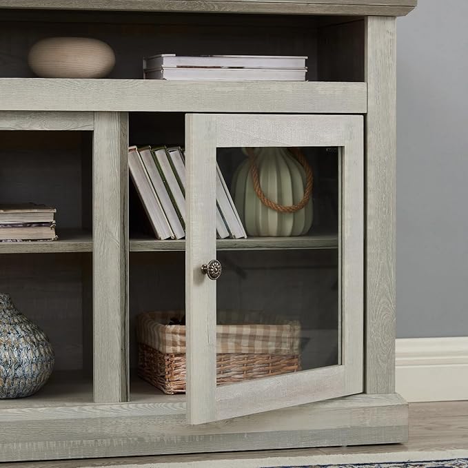 HMFULE 60" Farmhouse TV Stand for 60 65 Inch Television, Entertainment Center with 2 Storage Cabinets Glass Doors & Adjustable Shelves, Rustic Media Console Furniture for Living Room (Stone Gray)