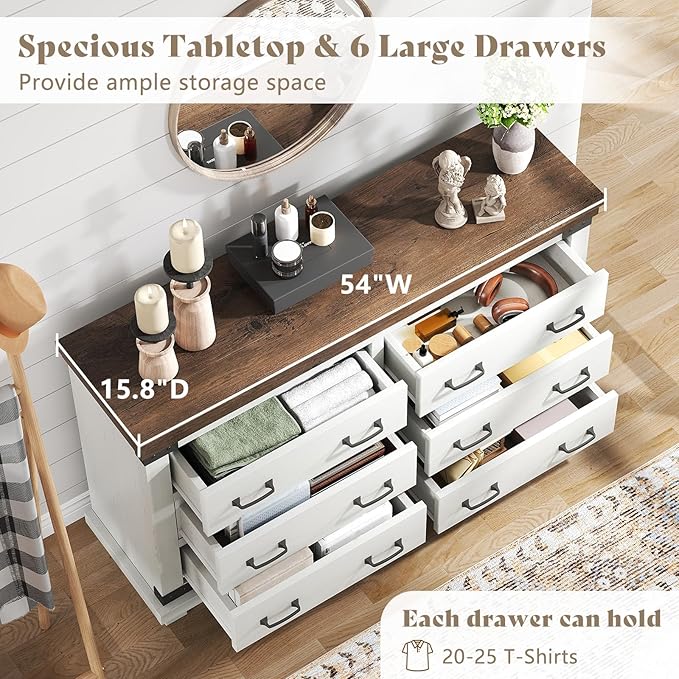 AMERLIFE Farmhouse 6 Drawers Dresser Chests for Bedroom, Wood Large Chest of Drawers/w Thick Plank Styling, Rustic Heavy Duty Closet Storage Dresser Organizer, Living Room, Hallway, Antique White