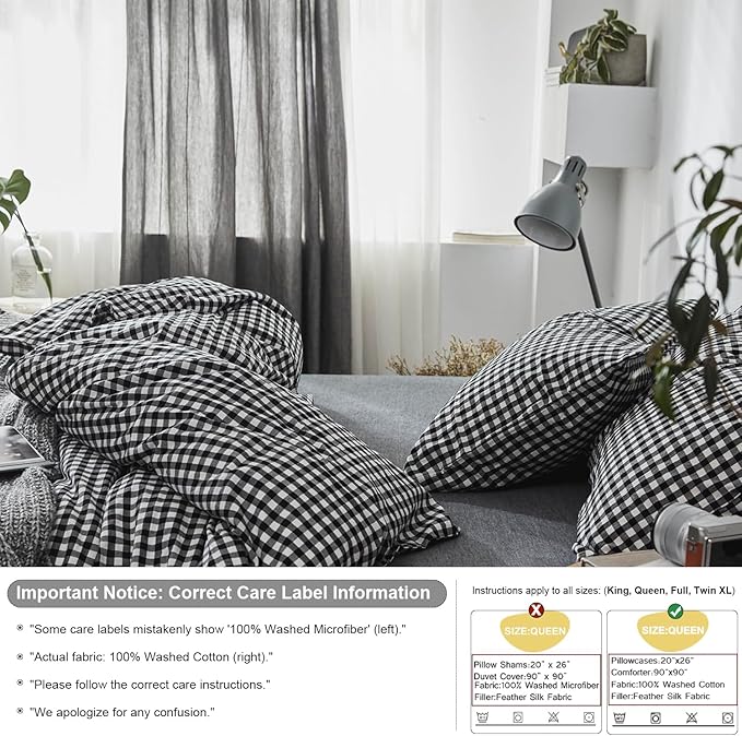 mixinni Black Gingham Comforter Set Full, Plaid Comforter Set 3 Pieces 1 Black Grid Comfoter with 2 Pillow Cases for All Seasons, Soft Fluffy Modern Grid Pattern Printed Bedding-Full Size