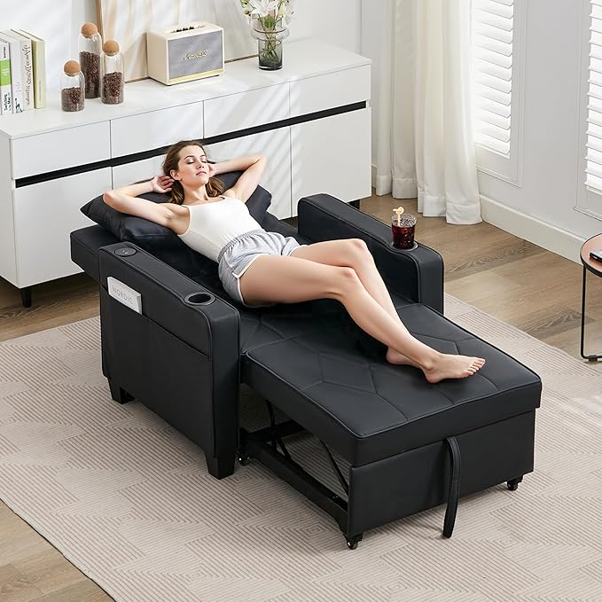 TYBOATLE Leather Convertible Sleeper Chair Bed for Adults, 3-in-1 Pull Out Sofa Chair Bed with USB/Type-C Ports, Cup Holders, Side Pockets, Single Sofa for Living Room, Bedroom, Office (Black)