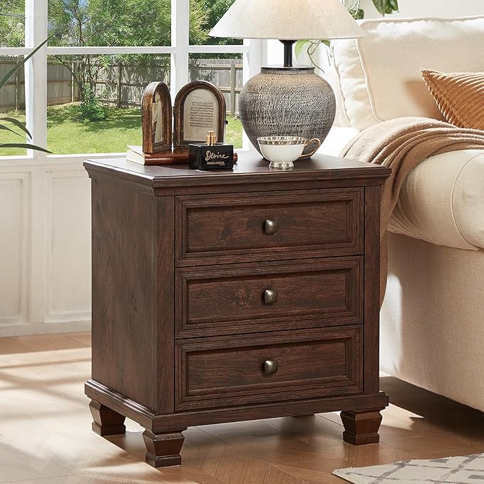 Farmhouse Walnut Bedroom Sets of 4, Includes 6 Drawer Large Dresser, Vintage Night Stand with 3 Drawers, Small 5 Chest of Drawers, Wood Rustic Dresser & Nightstand Set for Home, Living Room