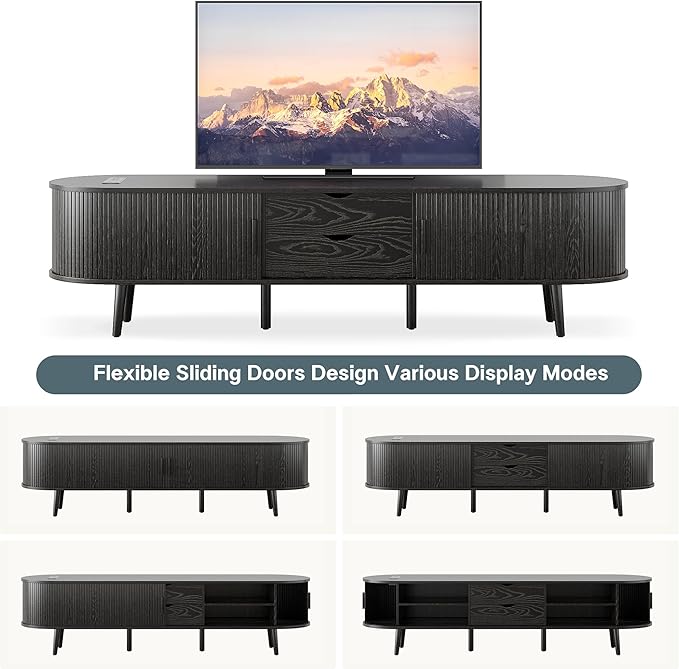 Alohappy 69" Mid Century Modern TV Stand with Charging Station, Farmhouse Curved Edge TV and Media Console Table with Drawer and Shelf, Fluted Entertainment Center for Living Room, Bedroom, Black