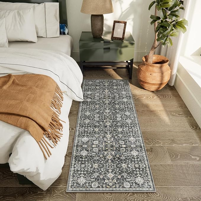 2'x6' Washable Runner Rug Utral Soft Lightweight Vintage Boho Distressed Non-Slip Backing,Low Pile Stain Resistant Farmhouse Rug for High-Traffic Hallway, Kitchen & Laundry