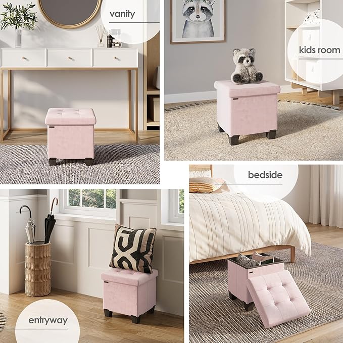 STORAGEBUD Storage Ottoman Cube with Small Bin, 15-in Square Ottoman with Storage for Living Room and Bedroom, Small Ottomans Foot Rest, Velvet Foot Stools Ottomans Max 330lbs, Pink