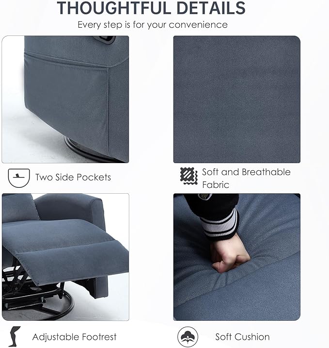 360° Swivel Rocker Recliner Chair for Small Spaces, Manual Reclining Chair for Adults, Rocking Glider for Nursery, Living Room, Bedroom, Fabric Blue Grey
