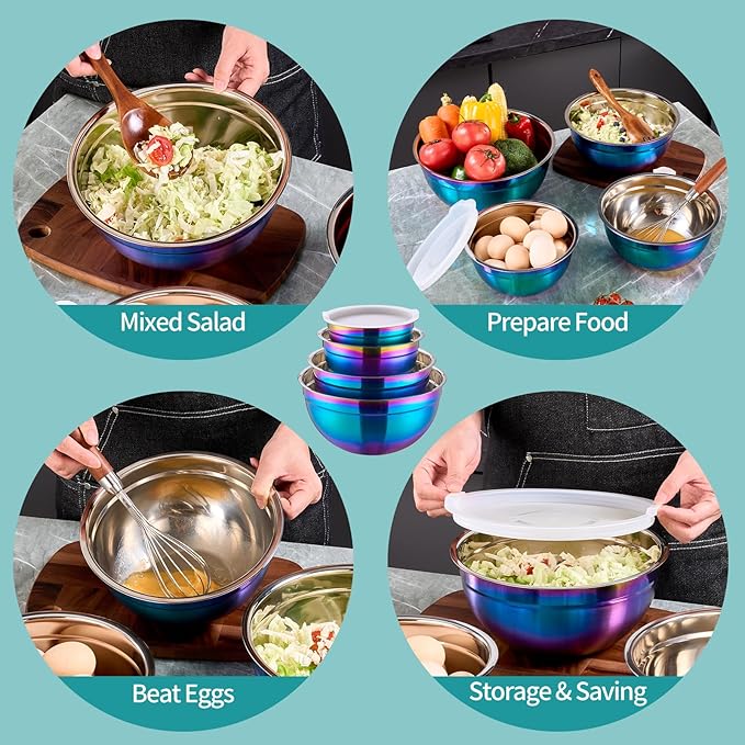 MEADLY Colorful Mixing Salad Bowls With Lids Set of 4, Stainless Steel Nesting Bowl with white Lid,Dishwasher Safe,Home kitchen Mixing Prepping Storing Serving,size of 5.5,3.6,2.1,1.5,Qt