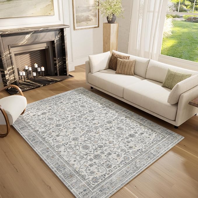 Washable Area Rugs 5'x7' Non-Slip Vintage Boho Distressed Fade Resistant Low Pile Carpet for High-Traffic Living Room, Bedroom & Dining Room