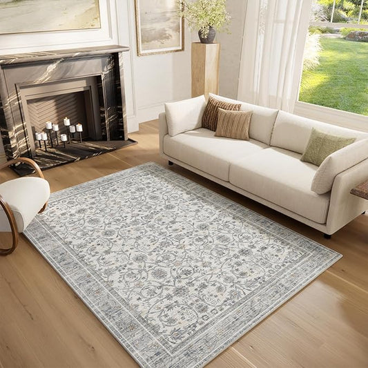 Washable Area Rugs 5'x7' Non-Slip Vintage Boho Distressed Fade Resistant Low Pile Carpet for High-Traffic Living Room, Bedroom & Dining Room