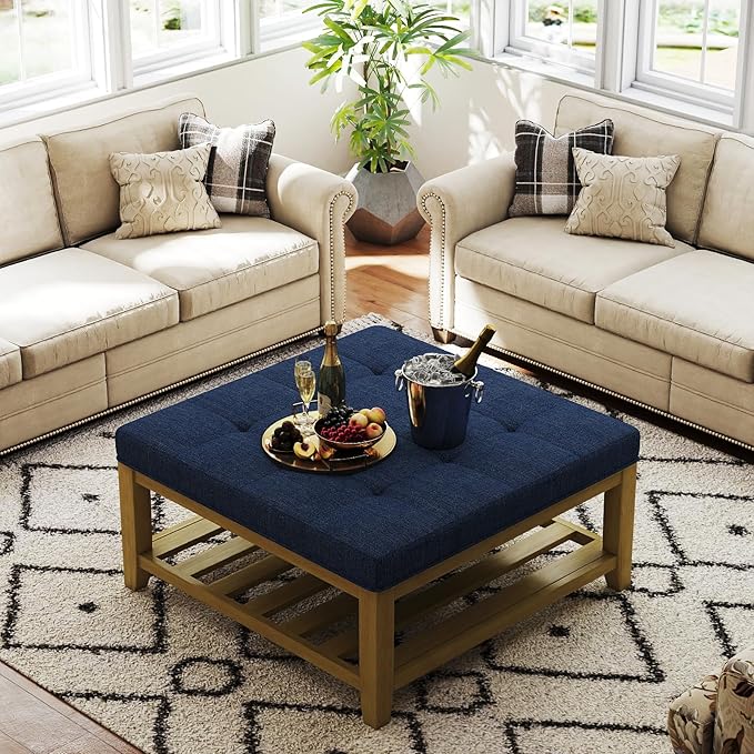 Large Square Ottoman Coffee Table, Linen Solid Upholstered Footrest Ottoman with Solid Wood Shelf Storage Tufted Coffee Table for Bedroom Living Room, Navy Blue