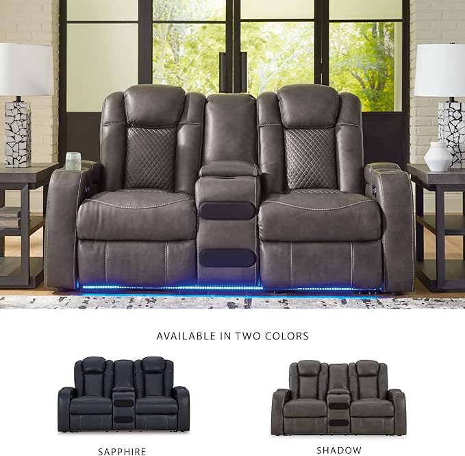 Signature Design by Ashley Fyne-Dyme Contemporary Power Reclining Loveseat with Console, USB Charging Ports and Adjustable Headrest, Gray