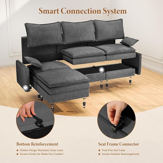 Vesgantti 108" U Shaped Sectional Couch, Comfy Cloud Modular Sectional Sofa with 2 Ottoman Deep Seat Chenille Modern Cloud Sofa, Modular Sofas for Living Room, Bedroom and Apartment, Gray