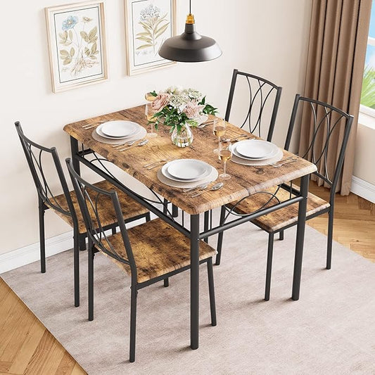 Dining Table Set for 4, Compact Kitchen Table and 4 Chairs, 5-Piece Kitchen Table Set, Space-Saving Design for Small Space, Dining Room, Apartment, Retro Brown
