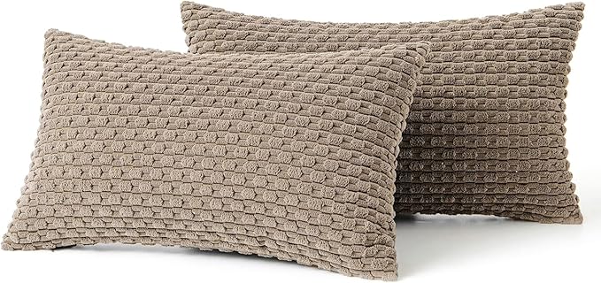 MIULEE Throw Pillow Covers Soft Corduroy Decorative Set of 2 Boho Striped Pillow Covers Pillowcases Farmhouse Home Decor for Couch Bed Sofa Living Room 12x20 Inch Light Brown