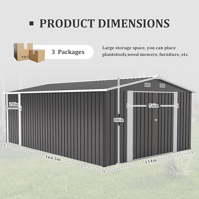 10 x 14 FT Outdoor Storage Shed, Metal Garden Tool Shed with Slooping Roof, Lockable Doors, All-Weather Bike Shed Easy to Assemble for Backyard, Patio, Lawn, Black+Grey