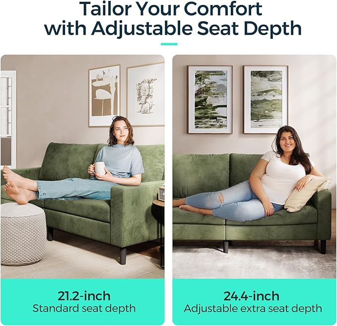 LINSY Modern Loveseat Sofa Couches for Living Room, Comfy Corduroy Sofa, Adjustable Seat Depth, Extra Deep Seats, Solid Wood Frame, Removable Cover, Love Seat Couch for Small Spaces (79inch, Green)