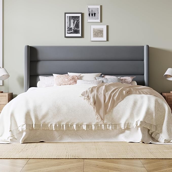 Allewie King Size Platform Bed Frame with Velvet Upholstered Wingback Headboard, No Box Spring Needed, Under Bed Storage Space, Strong Wooden Slats, Modern Mattress Foundation, Easy Assembly, Grey