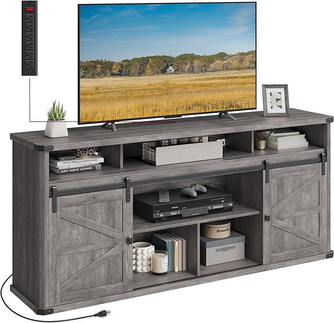 VASAGLE TV Stand for 75 Inch TVs, Farmhouse Entertainment Center With Sliding Barn Doors, Console Table for Living Room, Misty Gray ULTV323G68