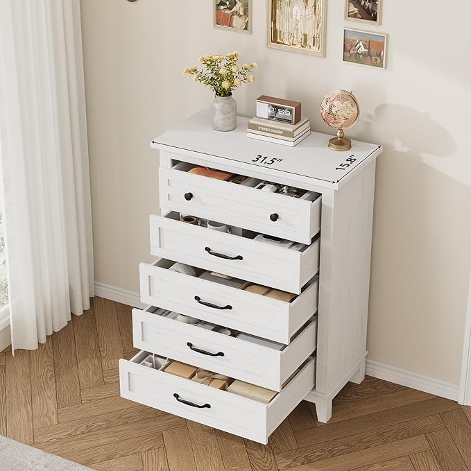 GarveeHome 5 Dresser for Bedroom, 41.3" Tall Vertical Drawer Dresser with Large Storage, Freestanding Wooden Closet Chest for Bedroom, Living Room, White