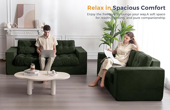 MAXYOYO 3 Seater Couch for Living Room, Boneless Couch with Tufted Cushion & Backrest, Upholstered Floor Sofa with Armrests, Sofa in A Box, No Assembly Required, Green