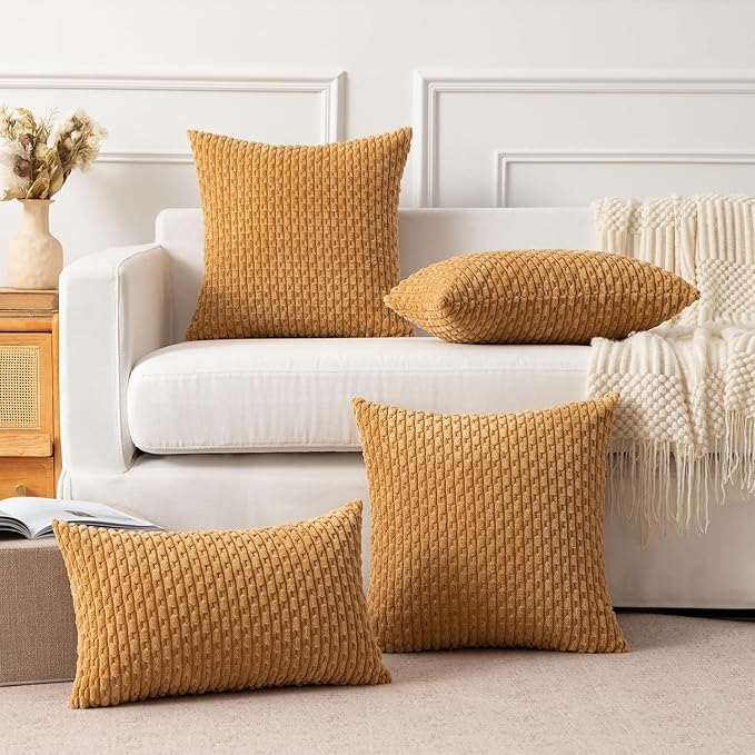 Kevin Textile Throw Pillow Covers Soft Corduroy Decorative Set of 2 Boho Striped Pillow Covers Pillowcases Farmhouse Home Decor for Couch Bed Sofa Living Room 26x26 Inch Gold