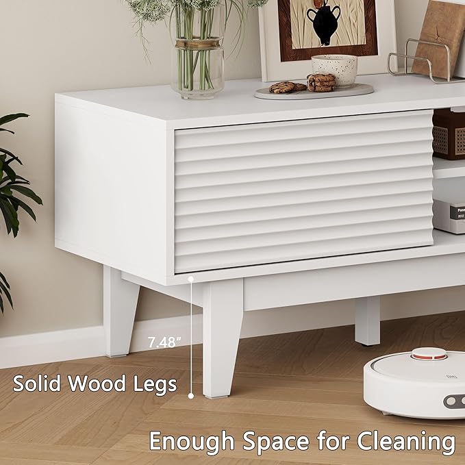 Fluted TV Stand for 55 65 Inch TV, Mid Century Modern Entertainment Center with Shelves, Cabinets & Sliding Doors, TV Media Console Table with Wood Feet & Cord Holes for Living Room, Bedroom, White