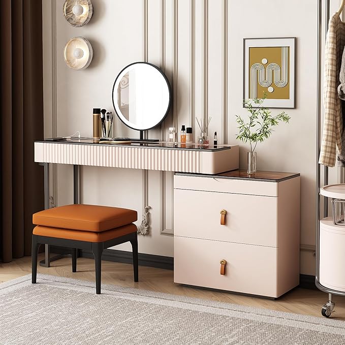 Lartis Makeup Vanity、extendable Dresser Set、Dressing Table,Super Storage、LED Lighted Vanity Mirror with ash All Solid Wood upholstered Makeup Stool