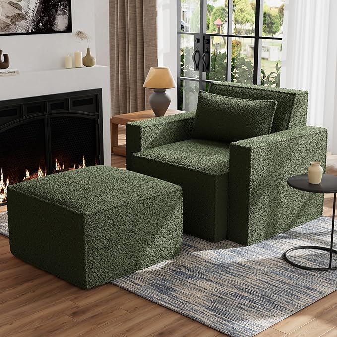 ELUCHANG Oversized Accent Chair with Ottoman,Modern Boucle Sofa Chair with Strong Wood Frame,High Supportive & Soft Sponges Comfy Upholstered Armchair Reading Chairs for Apartment Green