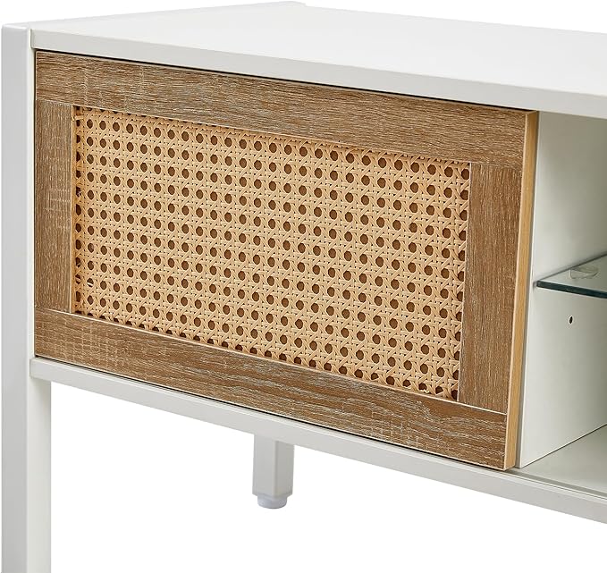 TV Stand, 54.33" TV Console for TVs up to 65 Inches, Mid Century Modern TV Stand Entertainment Center with Storage, with Rattan Door, Shelves & 2 Cabinets, 16 Color Light Strip, White