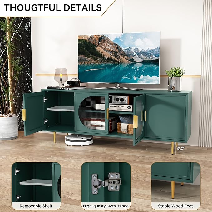 ARTPOWER Modern TV Stand for TVs up to 70+ inch, Glass Door Television Console Table with Gold Leg, Entertainment Center with Storage Cabinet, Wood Media Furniture for Bedroom, Living Room, Green