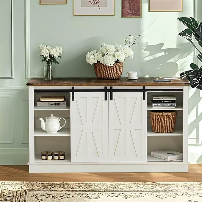 Farmhouse TV Stand for 65 inch TV, Rustic Wood Entertainment Center with Power Outlets & Sliding Barn Doors Media Consoles Cabinet 3 Adjustable Shelves for Living Room, Rustic White