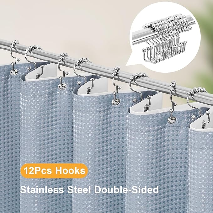 3 in 1 Extra Long Blue Shower Curtain Set-72 W x 84 H, Fog Blue Waffle and PEVA Liner Set with 12 Stainless Steel Hooks, Waterproof Fabric for Bathroom