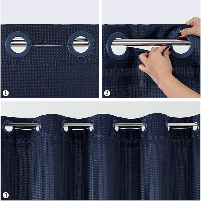 MitoVilla No Hooks Needed Extra Long Shower Curtain Set with Snap-in Liner, Navy Blue 86 inch XL Waffle Fabric Shower Curtains for Luxury Hotel Grade & Spa-Like Bathroom Decor