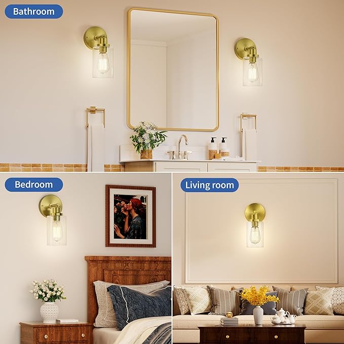 GORDNWE 1-Light Bathroom Wall Sconce, Brushed Gold Vanity Light, Modern Wall Light Fixture with Clear Glass Shade and E26 Bulb Base, Wall Lamp Wall Mount Light Fixtures for Mirror, Bedroom, Hallway