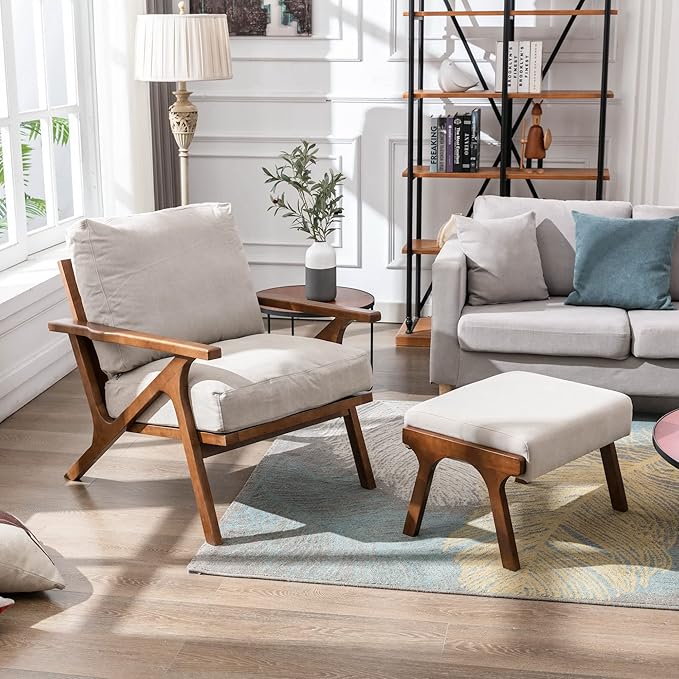 Wahson Set of 2 Mid Century Chair, Upholstered Accent Armchairs, with Wood Frame and Canvas Cushions, Leisure Slipper Chair for Living Room/Bedroom, Beige