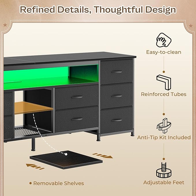 Huuger 70.9 Inch LED TV Stand Dresser with Power Outlets, USB-C Port and LED Lights, 10 Fabric Drawer Dresser for Bedroom, Long Entertainment Center for 75, 80 Inch TV, Open Shelves, PU Leather, Black