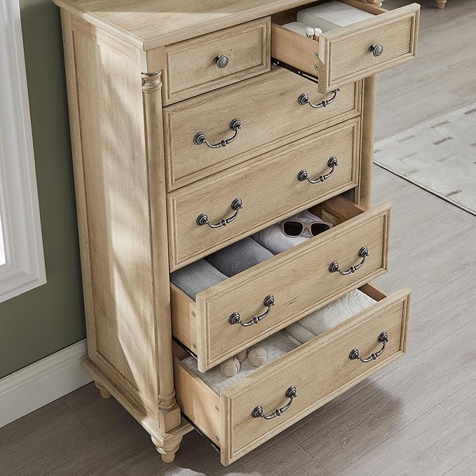 T4TREAM Farmhouse 6 Drawers Dresser Chests for Bedroom w/4 Solid Wood Feet &Column Decor, Tall Wood Rustic Chest of Drawers, Storage Dressers Organizer for Bedroom, Living Room, Nursery, Natural Oak