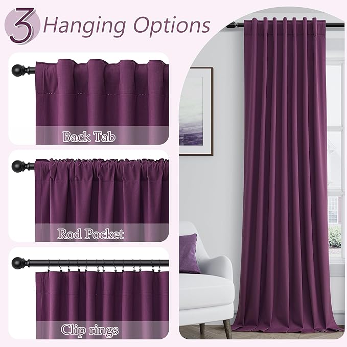 Guken Purple Blackout Curtains 96 Inch Length 2 Panels Set for Living Room Bedroom Back Tab Thermal Insulated 100% Black Out Linen Drapes Room Darkening Window Curtains 52 Inches Width