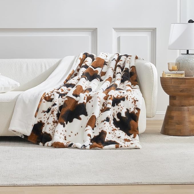 Cozy Bliss Cow Print Faux Fur Throw Blanket, Animal Printed Blankets Super Soft Warm Thick Fluffy Throws Home Decor for Couch Bed Sofa Women (Black&Brown Cow, 50x60 Inches)