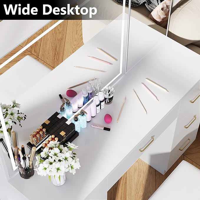 Vanity Desk with Mirror and Lights, Large Storage Makeup Vanity with 7 Drawers, White Vanity Desk Table with Side Glass Cabinet, Adjustable Brightness Vanity Set with Stool for Dressing Room