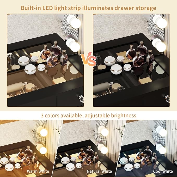 VOWNER Vanity with Lighted Mirror - Glass Top Makeup Vanity Desk with Lights and 11 Drawers, 3 Color Lighting Modes Adjustable Brightness, 46" Makeup Desk with Soft Cushioned Stool for Bedroom, Black