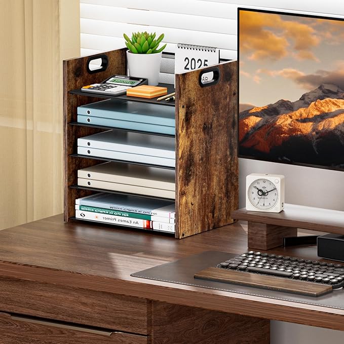 5 Tier Wood Paper Organizer for Desk, Metal Office Organizer and Accessories with Handle, Mesh File Holder for Desk, File Cabinets for Home Office, School