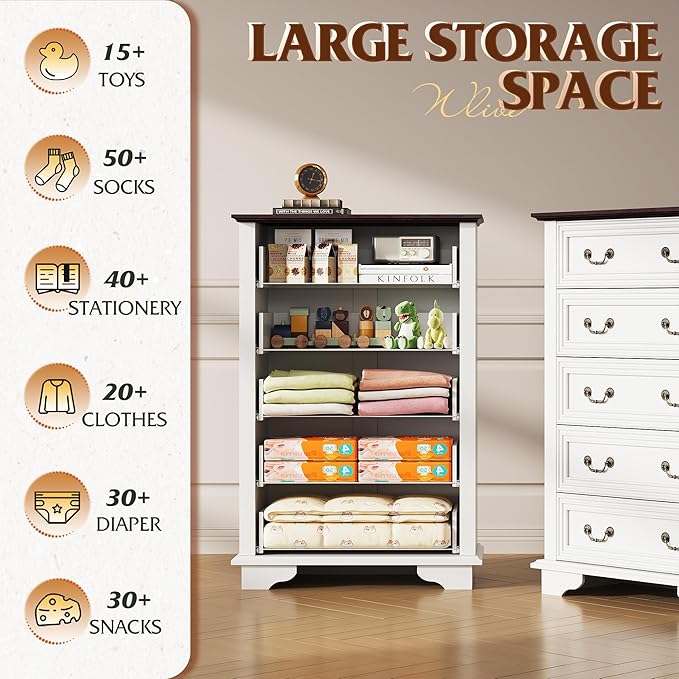 WLIVE Farmhouse Dresser for Bedroom, Wood Dresser with 5 Drawer, Chest of Drawers with Roman Metal Handle for Living Room, White