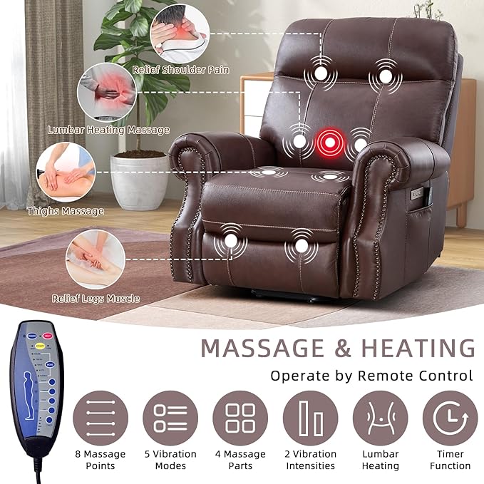 Phoenix Home Genuine Leather Power Lift Recliner Chair for Elderly with Massage and Heating, Electric Recliner for Seniors with Extended Footrest, Type-C and USB Port, Side Pocket, Brown
