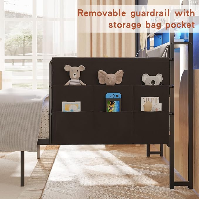 Maupvit Twin Bed Frame with Storage Headboard and Drawer,Upholstered Platform Bed Frame with LED Lights & Charging Station,Twin Size Bed with Guardrail,No Box Spring Needed,Grey