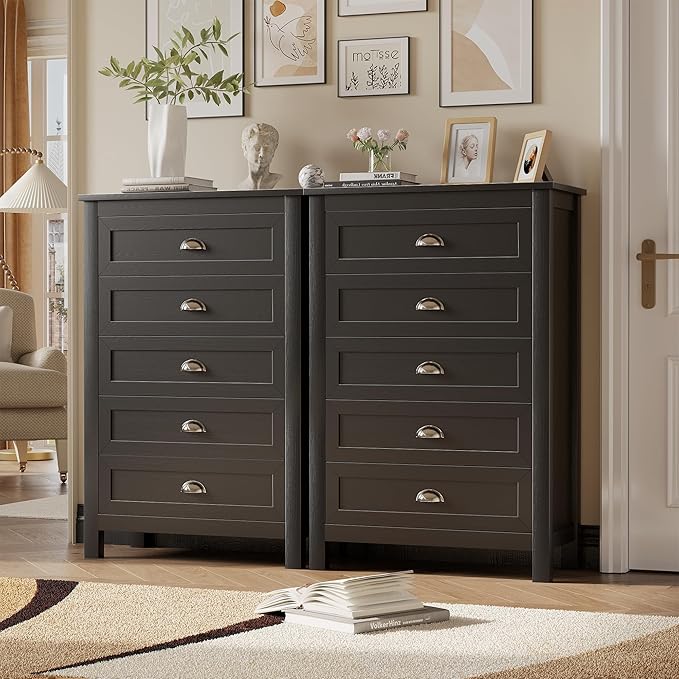 5 Drawer Dresser, Farmhouse Tall Dresser for Bedroom, Antique Black Chest of Drawers, Modern Dressers for Bedroom, Closet