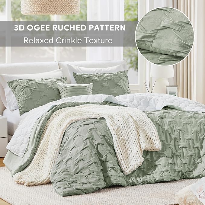 Comfort Spaces Twin/Twin XL Comforter Set for College Ogee Ruched Crinkle Texture Breathable Comforter Set Twin Dorm All Season Lightweight Bedding Set Shabby Chic Décor Pilow Green 3 Piece