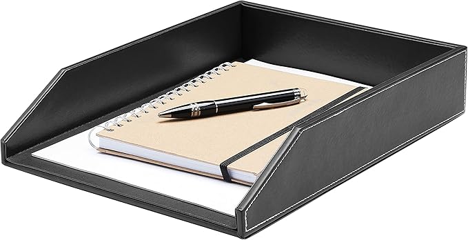 Gallaway Leather Letter Tray Organizer - PU Leather Desk Tray, Perfect for Office Organization, Document Holder Fits A4 Paper, Stackable Drawers for Extra Storage (Black)