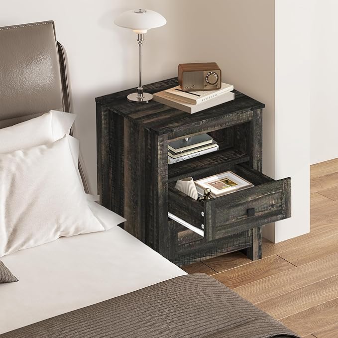 Farmhouse 6 Drawer Dresser & 2 Nightstand Set for Bedroom, Wood Dresser with Metal Handle for Bed Room, Hallway, Light Black Rustic Oak