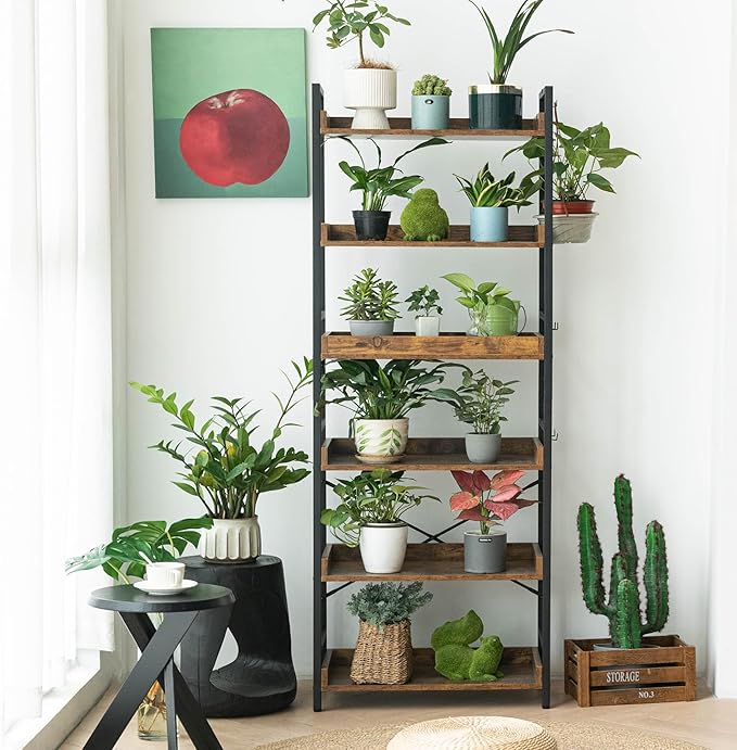 HCHQHS Adjustable 6 Tier Open Bookcase, Rustic Farmhouse Book Shelves, Industrial Wood and Black Metal Bookshelves, Mid Century Bookcase for Home Office Living Room Bedroom