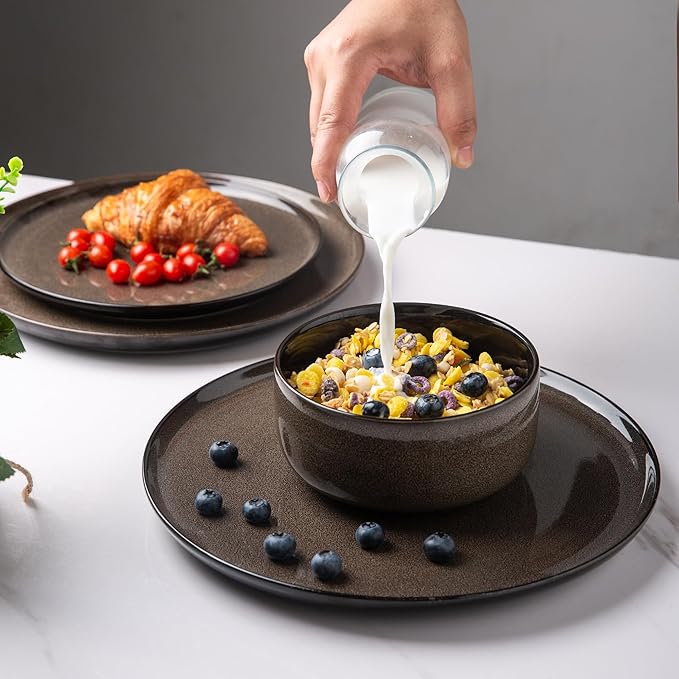 LeRatio Ceramic Dinnerware Sets for 6,Poreclain Plates and Bowls Sets,Handmade Reactive Glaze Dishes Set,Chip Resistant and Scratch Resistant | Oven&Dishwasher & Microwave Safe-Chestnut(18PCS)